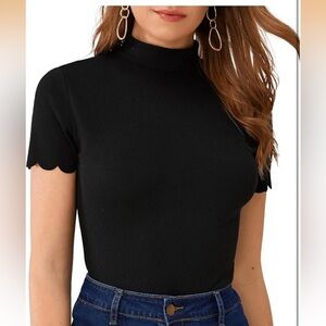Black Scallop Trim mockneck Top